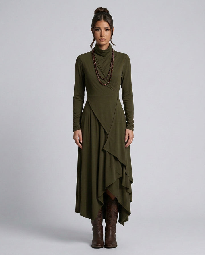 Wanda | Women's Wedding Guest Elegant Asymmetrical Draped Maxi Dress with Turtleneck Dresses — Green