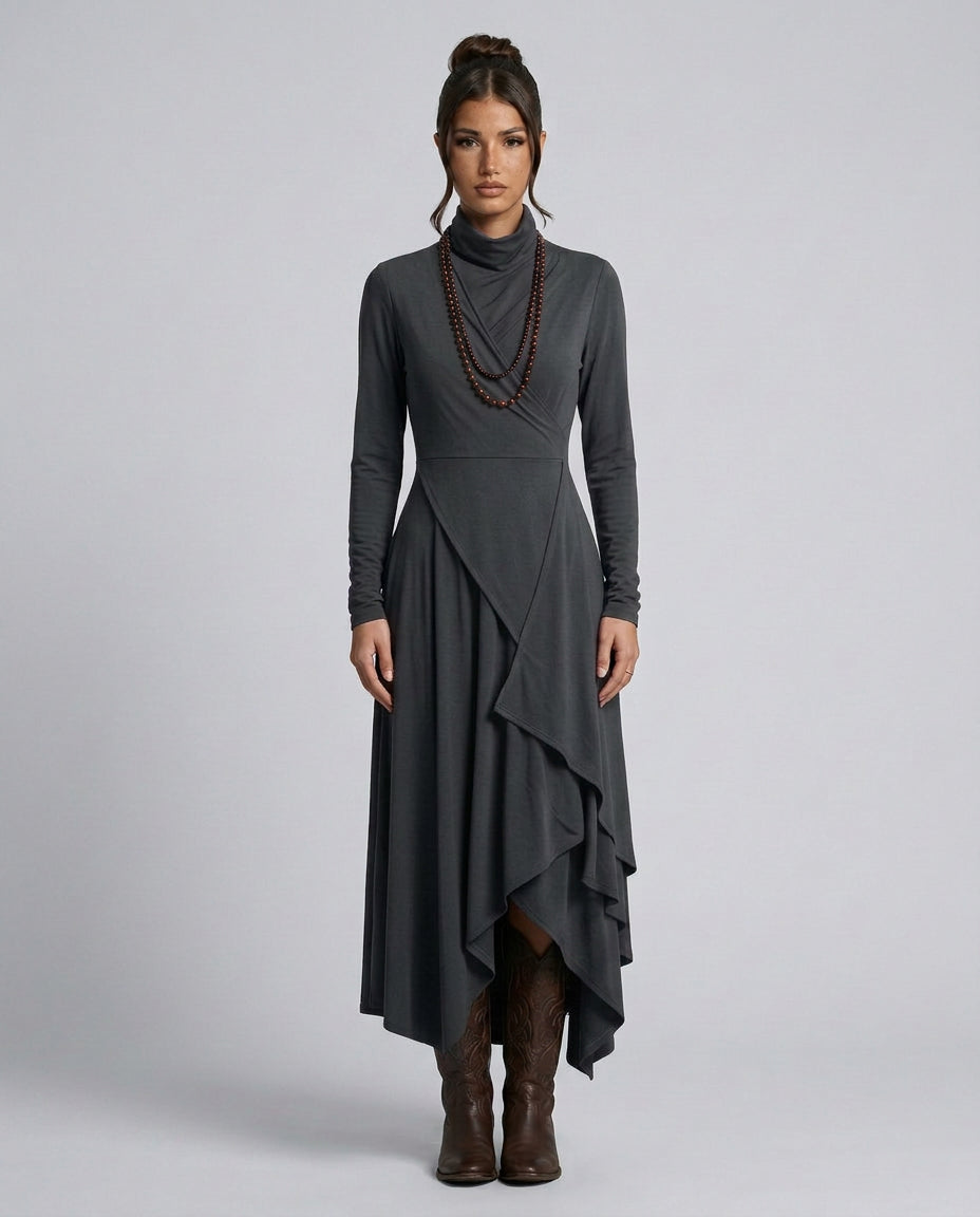 Wanda | Women's Wedding Guest Elegant Asymmetrical Draped Maxi Dress with Turtleneck Dresses — Grey