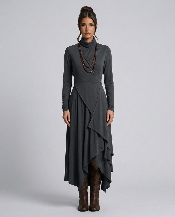 Wanda | Women's Wedding Guest Elegant Asymmetrical Draped Maxi Dress with Turtleneck Dresses — Grey