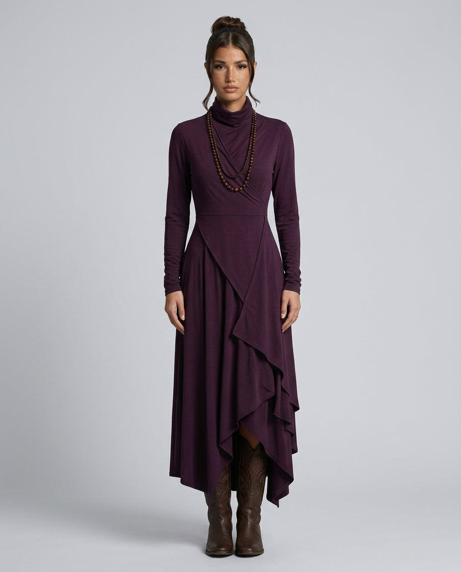 Wanda | Women's Wedding Guest Elegant Asymmetrical Draped Maxi Dress with Turtleneck Dresses — Purple