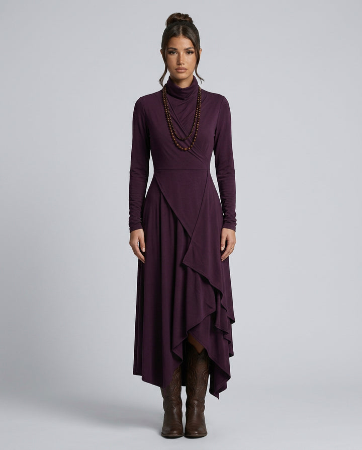 Wanda | Women's Wedding Guest Elegant Asymmetrical Draped Maxi Dress with Turtleneck Dresses — Purple