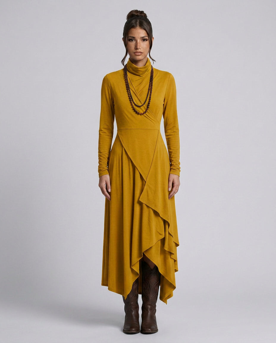 Wanda | Women's Wedding Guest Elegant Asymmetrical Draped Maxi Dress with Turtleneck Dresses — Yellow