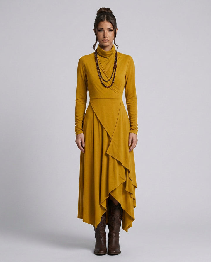 Wanda | Women's Wedding Guest Elegant Asymmetrical Draped Maxi Dress with Turtleneck Dresses — Yellow