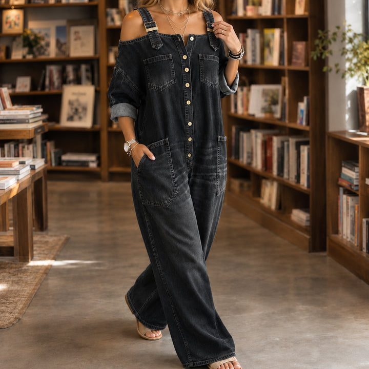 Wildaetta | Denim Button-Front Wide Leg Jumpsuit