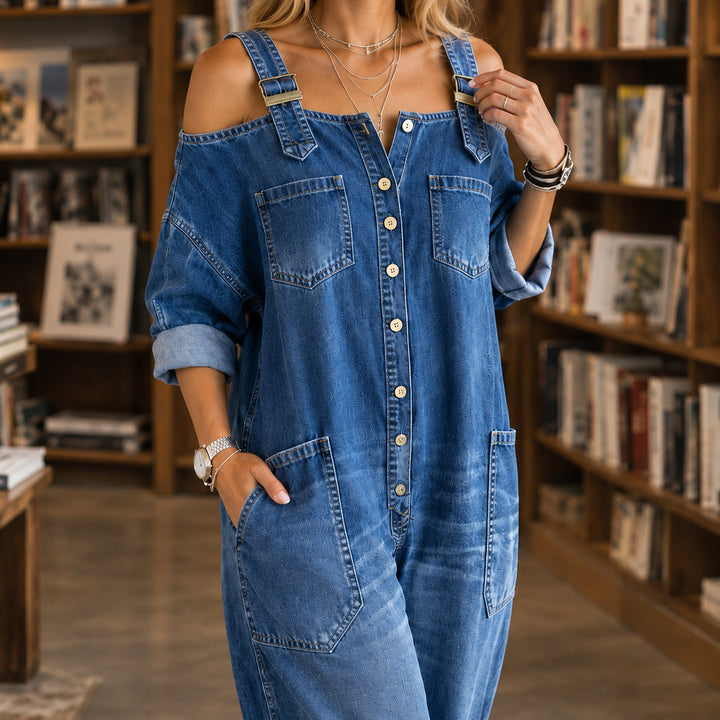 Wildaetta | Denim Button-Front Wide Leg Jumpsuit