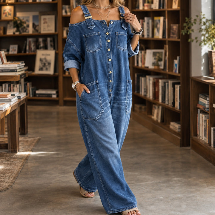 Wildaetta | Denim Button-Front Wide Leg Jumpsuit