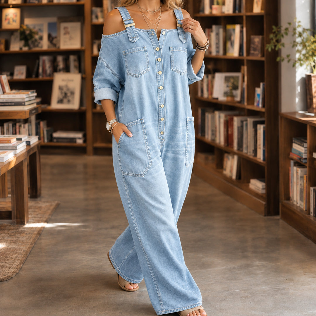 Wildaetta | Denim Button-Front Wide Leg Jumpsuit