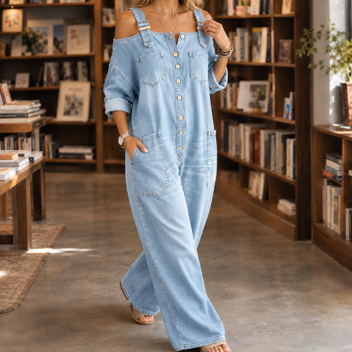 Wildaetta | Denim Button-Front Wide Leg Jumpsuit