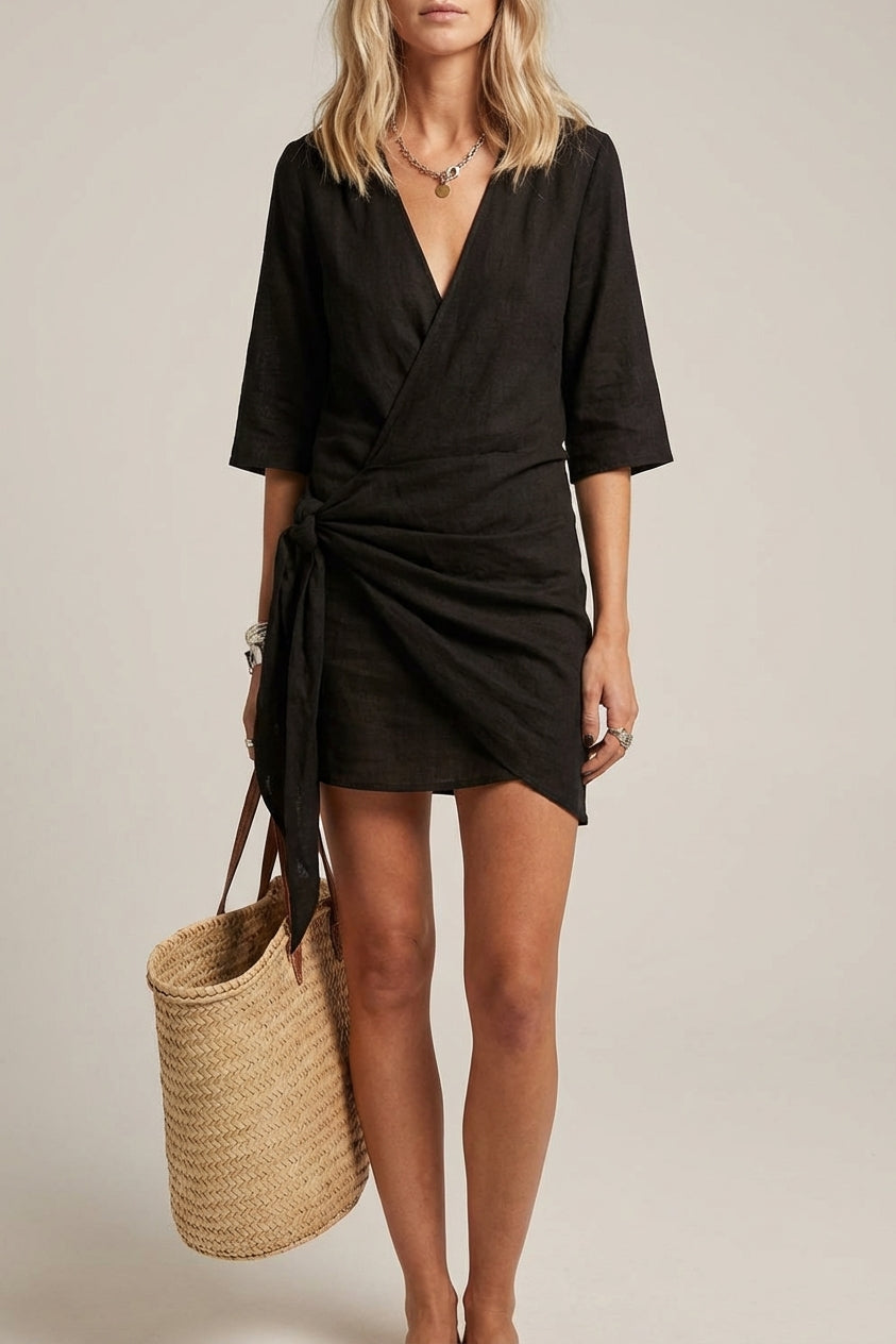 Wildathea | Women's Elegant Linen Wrap Mini Dress — 2