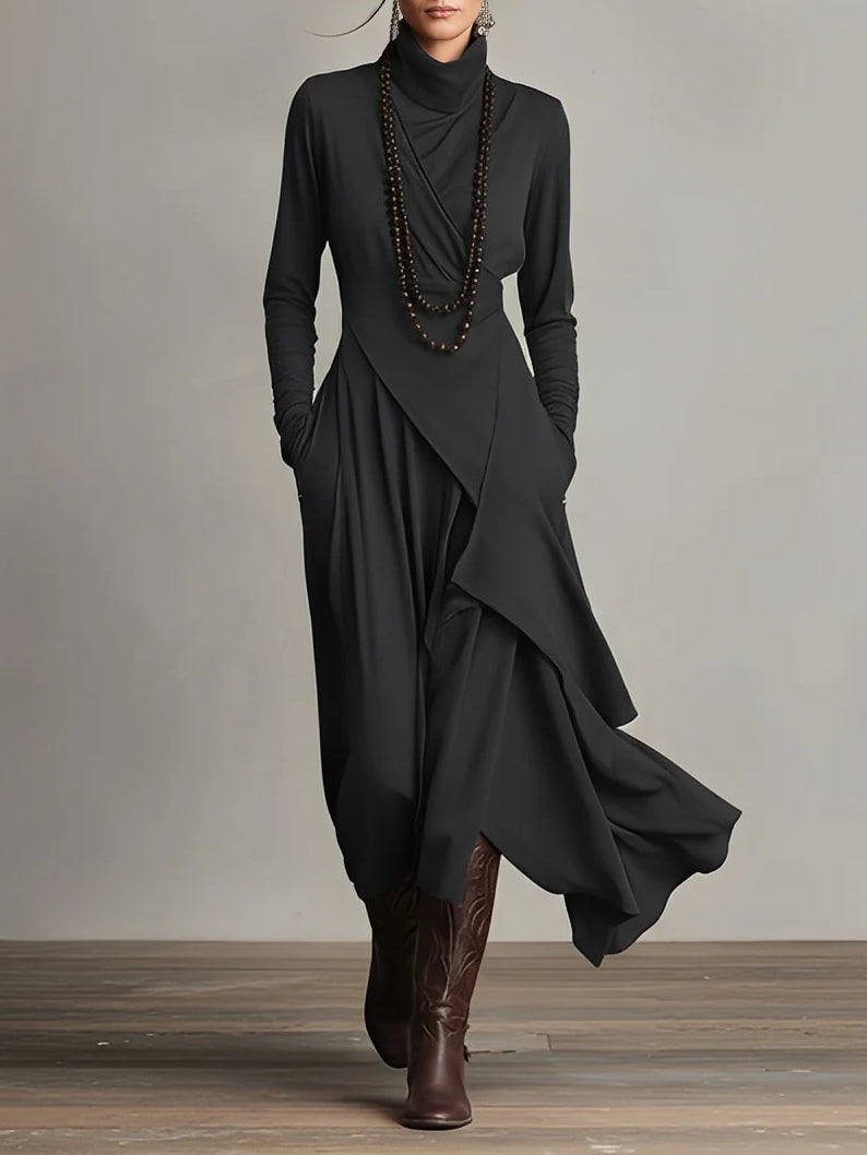 Wilhelmina | Women's Wedding Guest ’s Elegant High Neck Long Sleeve Maxi Dress Dresses — Black