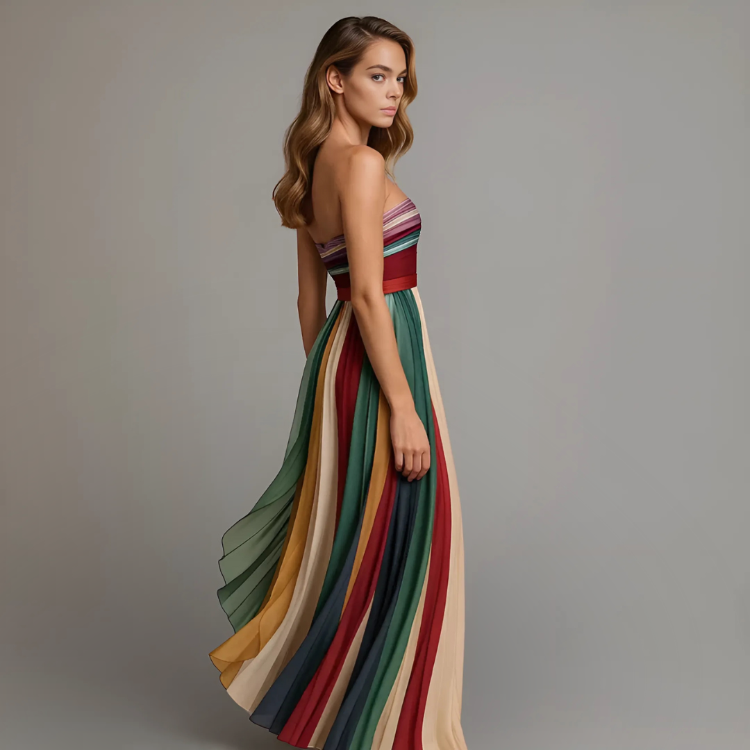Woman wearing a colorful striped dress on a plain background