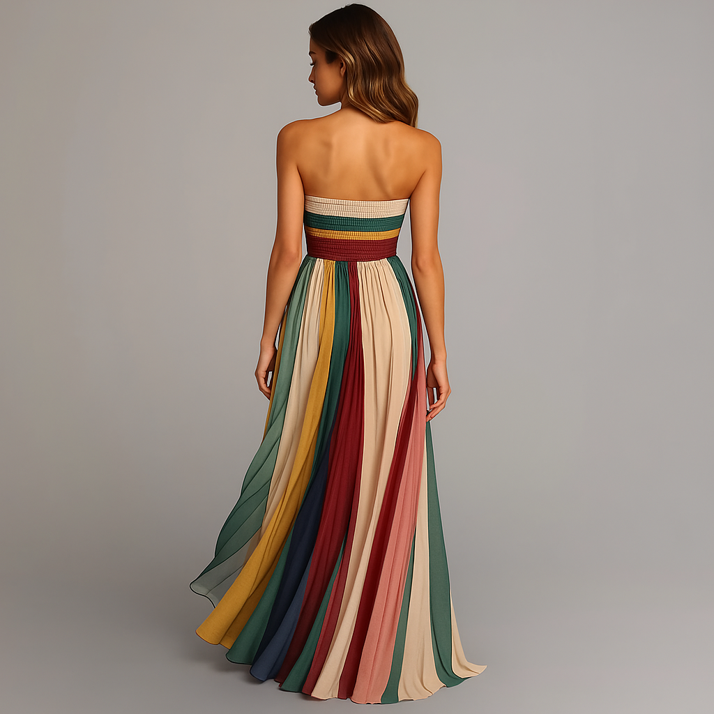 Woman wearing a strapless, long, multicolored dress on a gray background