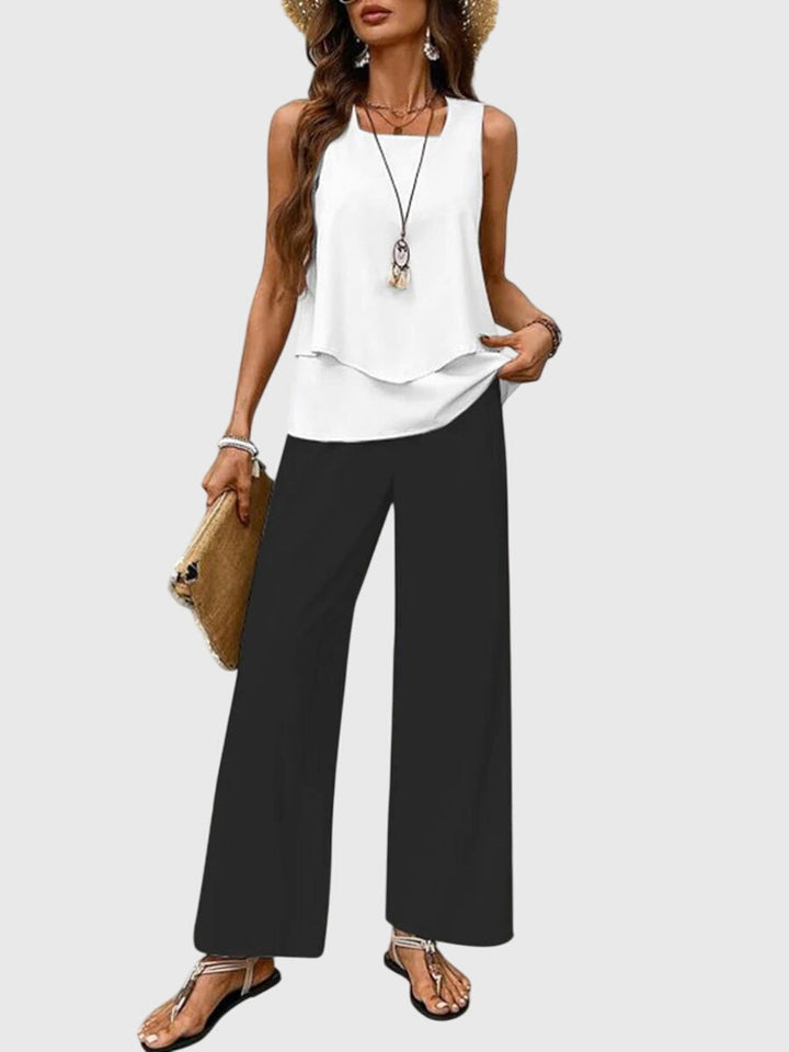 Wren | Women's Matching Summer Wide-Leg Pants Two-Piece Set with Square Neckline — Black