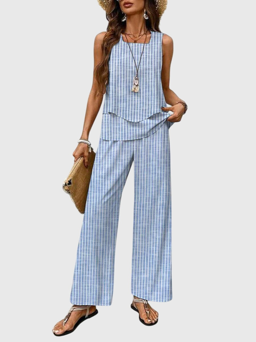 Wren | Women's Matching Summer Wide-Leg Pants Two-Piece Set with Square Neckline — Blue Stripes
