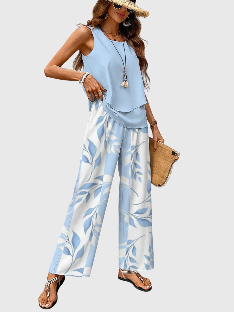Wren | Women's Matching Summer Wide-Leg Pants Two-Piece Set with Square Neckline — 2