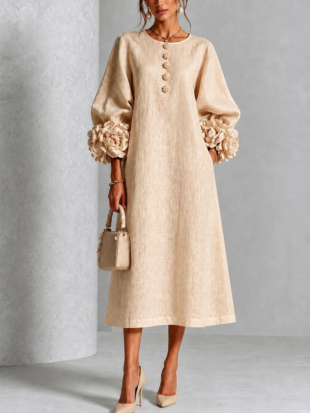 Wrenynn | Women's Elegant Floral Cuff A-Line Midi Dress — Beige
