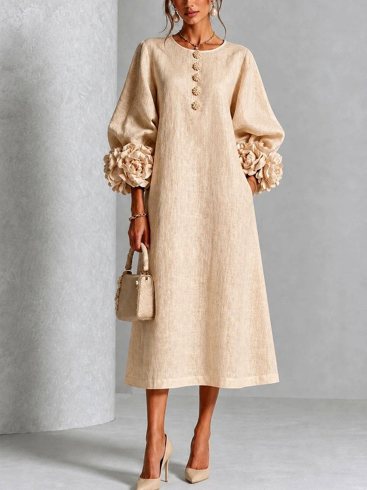 Wrenynn | Women's Elegant Floral Cuff A-Line Midi Dress — Beige