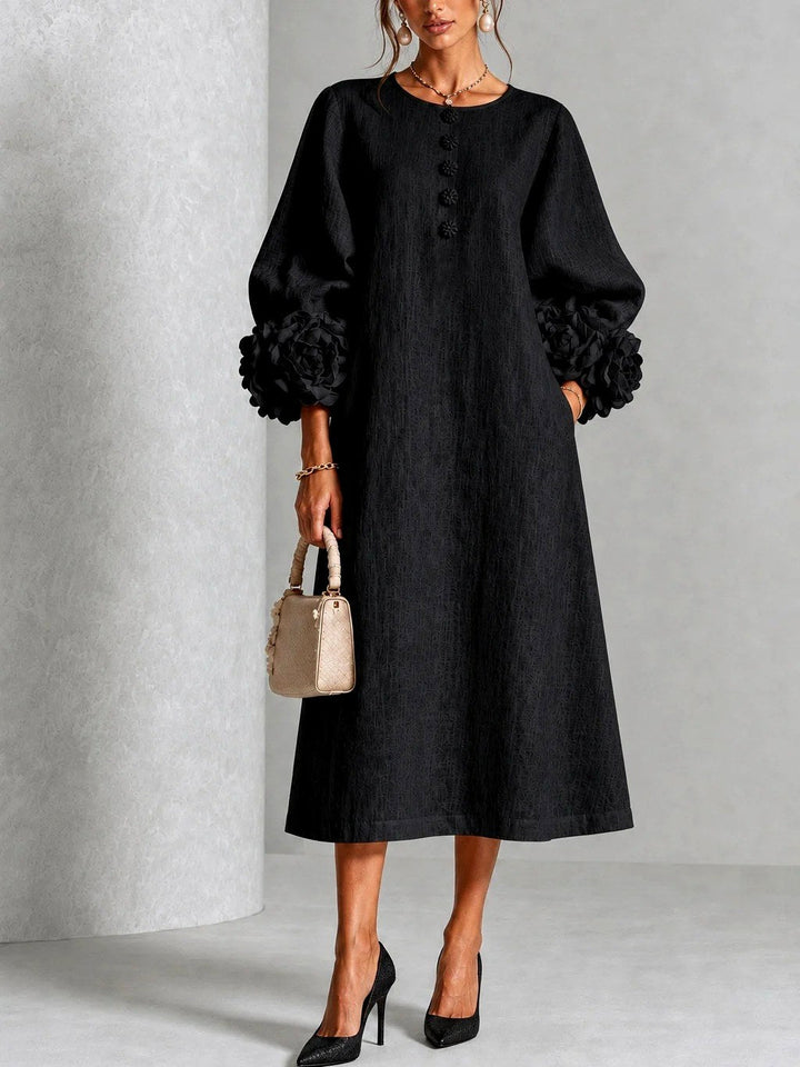 Wrenynn | Women's Elegant Floral Cuff A-Line Midi Dress — Black