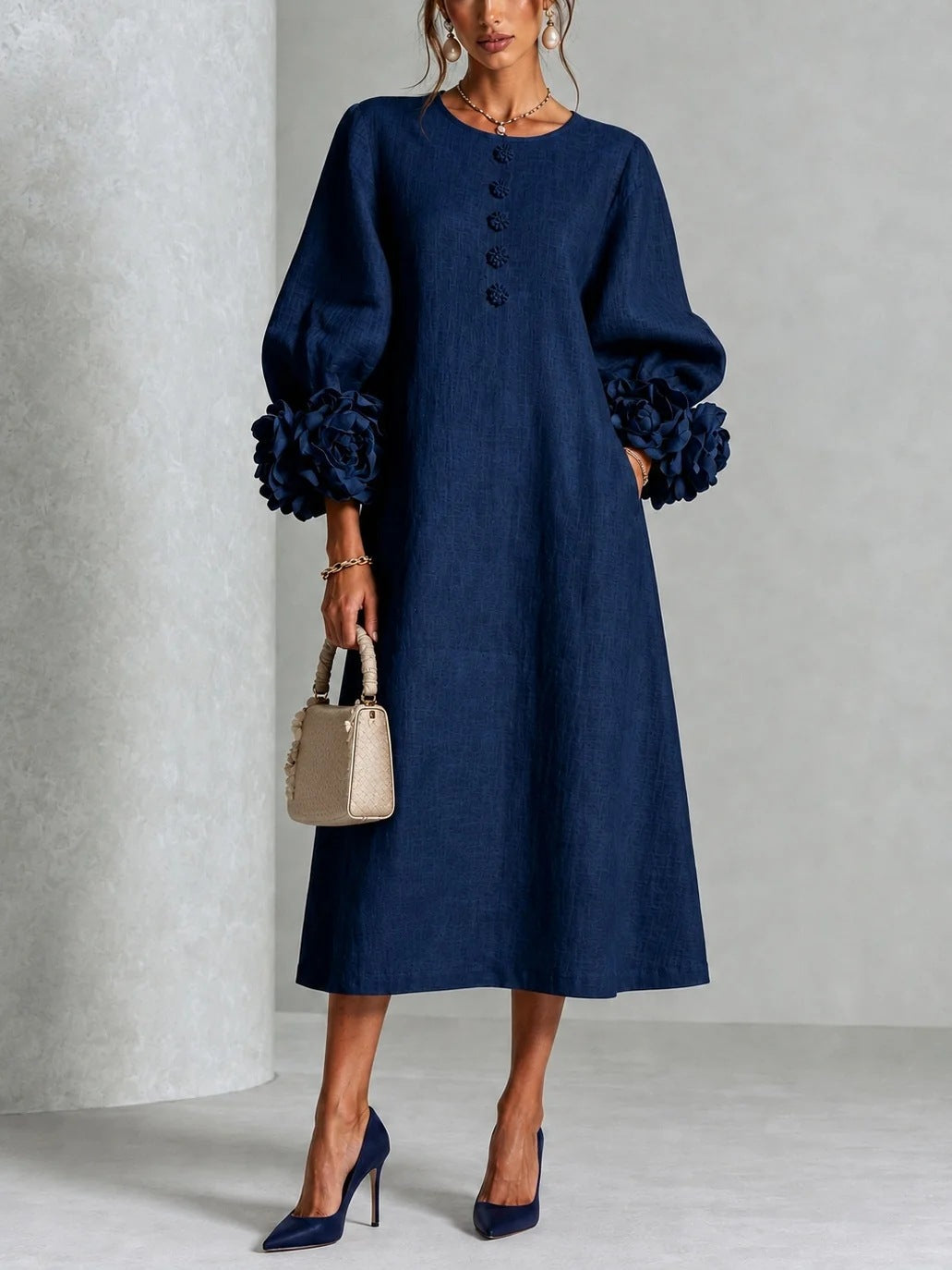 Wrenynn | Women's Elegant Floral Cuff A-Line Midi Dress — 1
