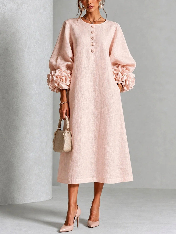 Wrenynn | Women's Elegant Floral Cuff A-Line Midi Dress — Pink