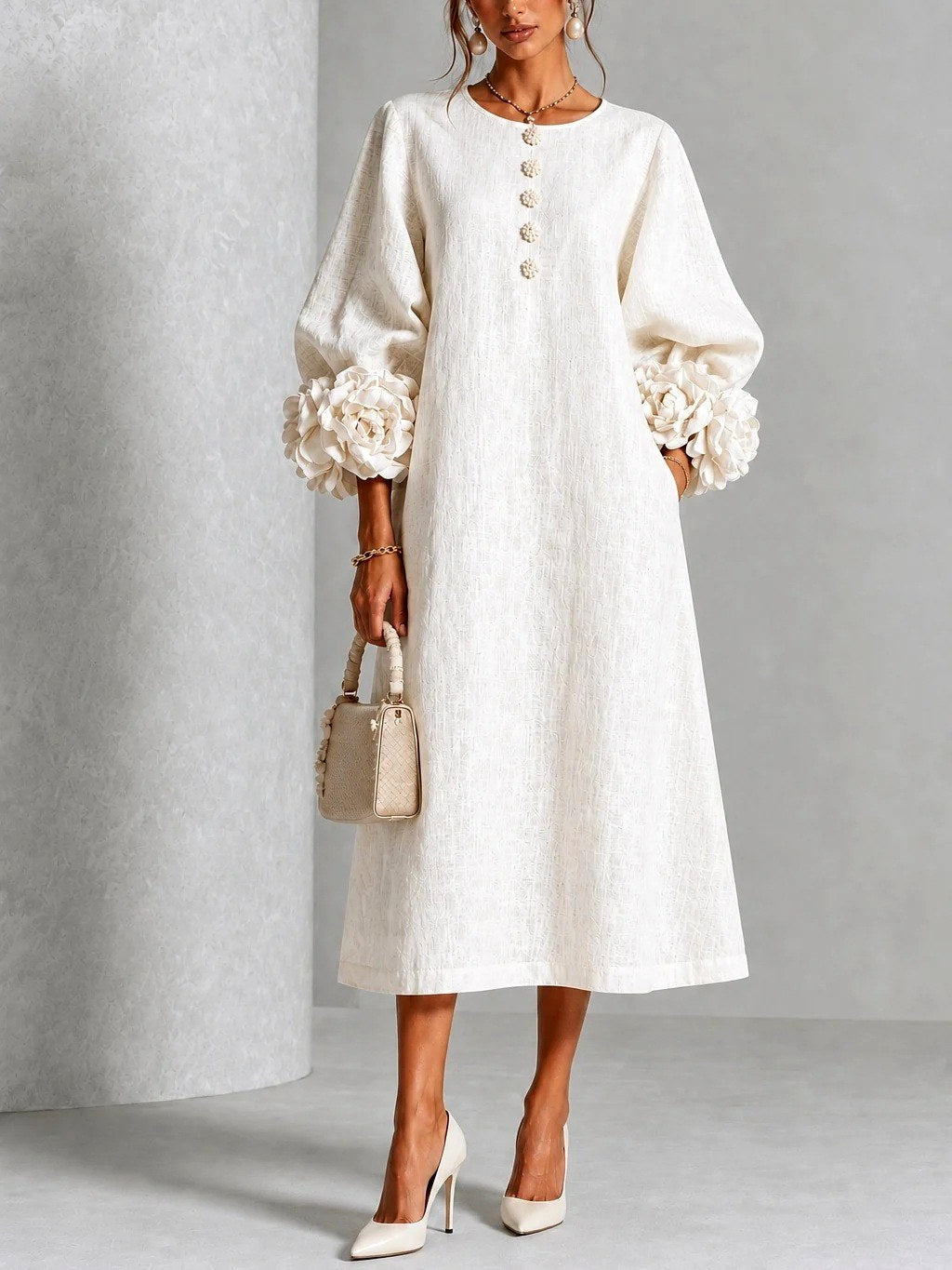 Wrenynn | Women's Elegant Floral Cuff A-Line Midi Dress — White