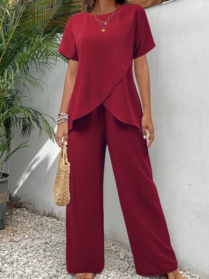 Wynnreth | Women's Matching Pants Set Wide Leg Co-ord — Burgundy