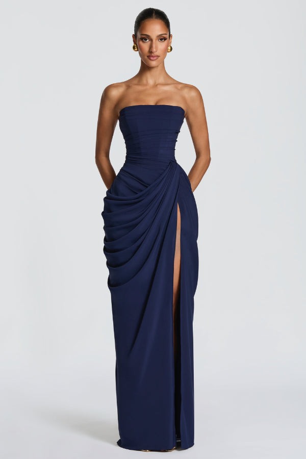 Wynnwen | Women's Elegant Flowing Maxi Occasion Dress — Navy Blue