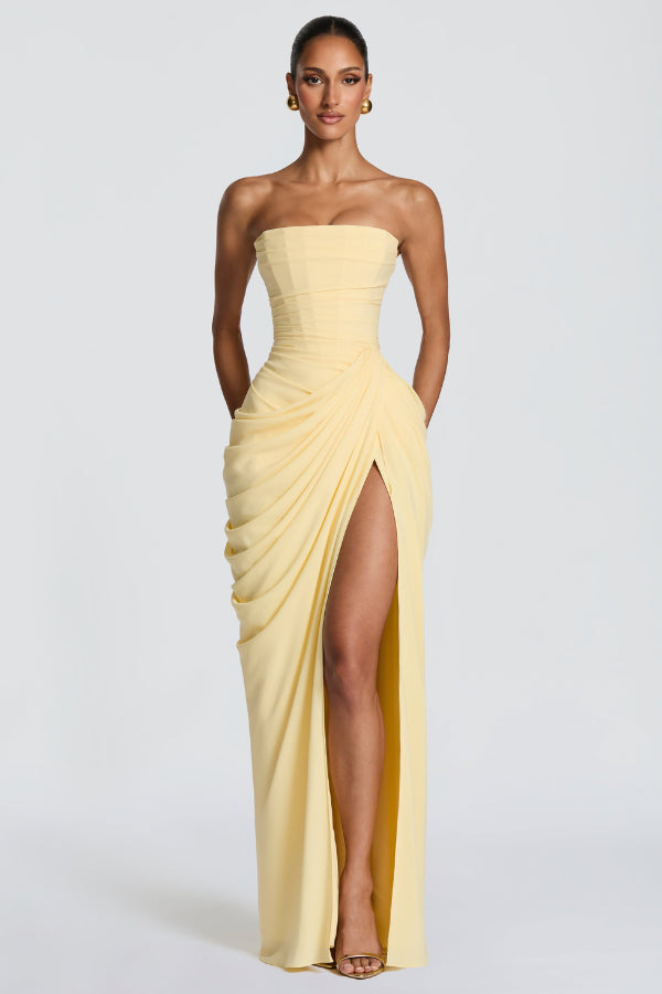 Wynnwen | Women's Elegant Flowing Maxi Occasion Dress — Yellow