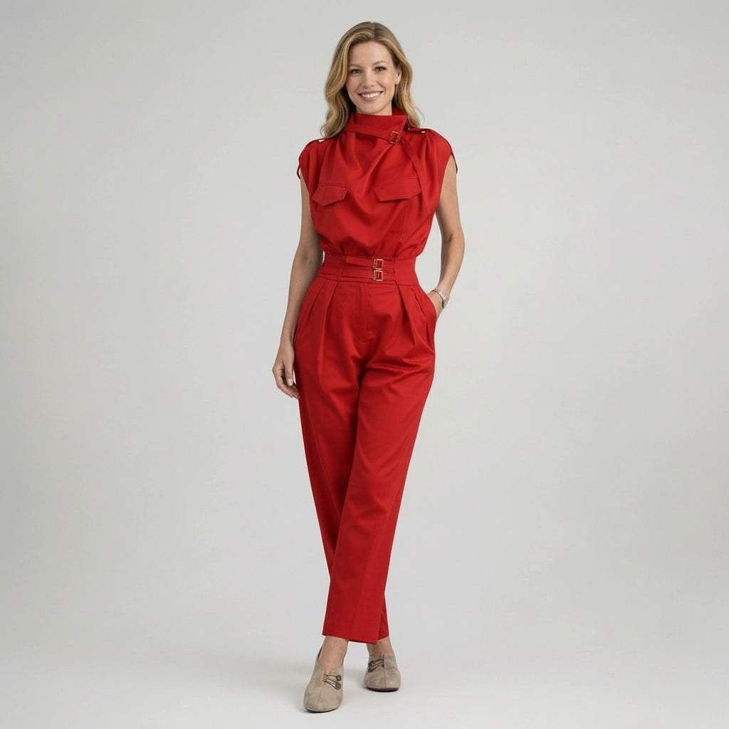 Woman wearing a red jumpsuit on a plain background