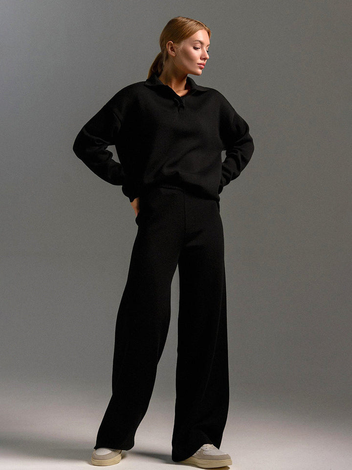 Yara | Women's Two-Piece Matching ’s Collared Two Piece Relaxed Fit Lounge Set — Black