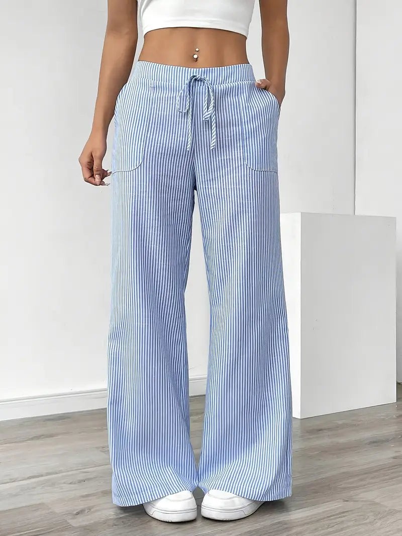Yaraanne | Women's Tailored Striped Wide Leg Linen Beach Pants — Blue