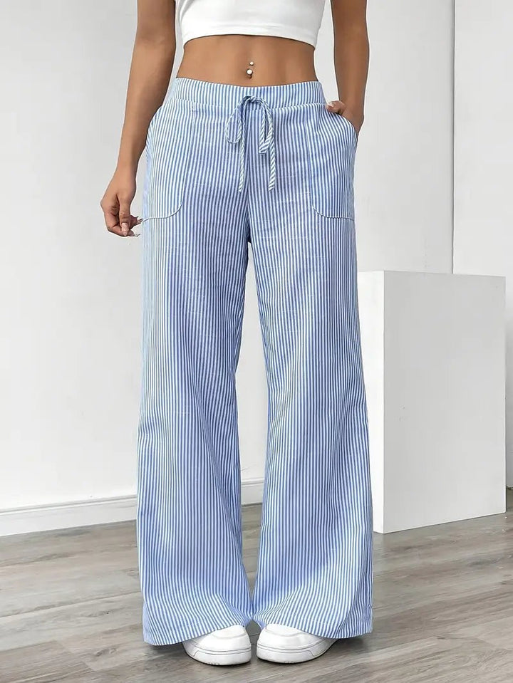 Yaraanne | Women's Tailored Striped Wide Leg Linen Beach Pants — Blue