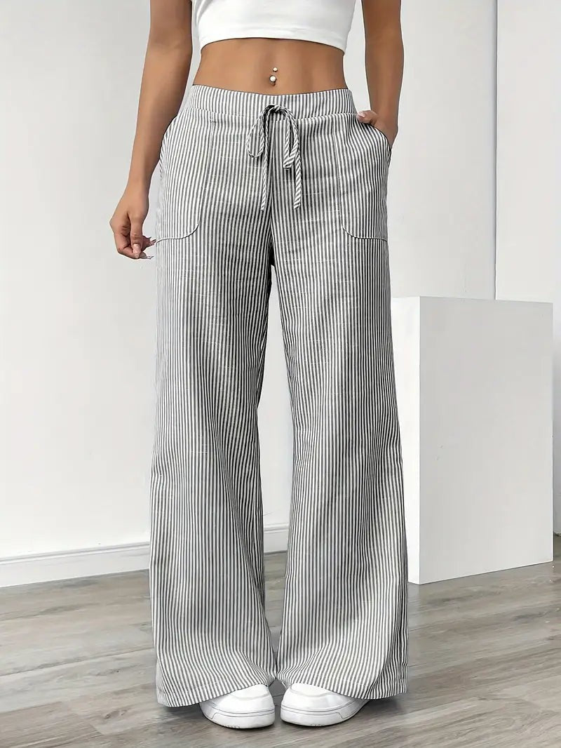Yaraanne | Women's Tailored Striped Wide Leg Linen Beach Pants — Grey
