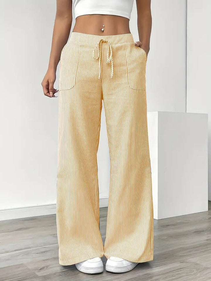 Yaraanne | Women's Tailored Striped Wide Leg Linen Beach Pants — Yellow