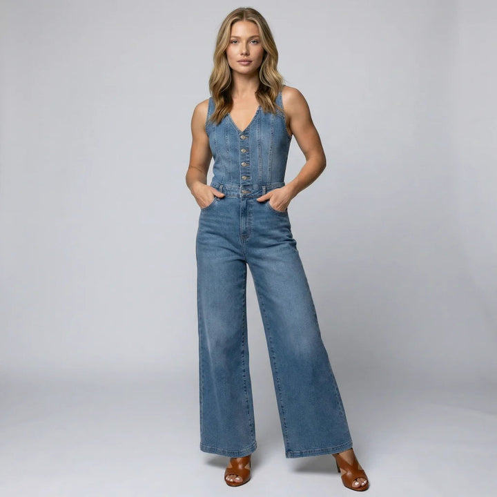 Yarabelle | Women's Wide-Leg Elegant Chic Sleeveless Denim Jumpsuit — 1