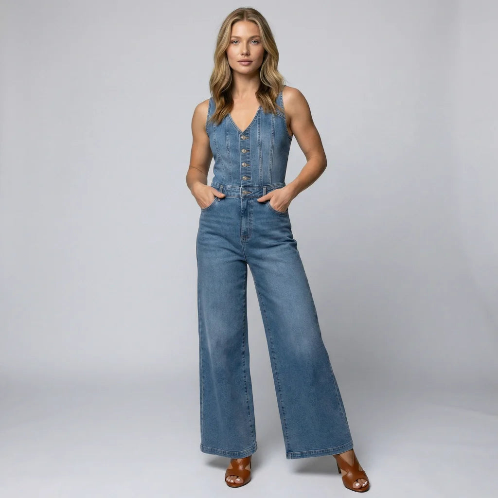 Yarabelle | Women's Wide-Leg Elegant Chic Sleeveless Denim Jumpsuit — Light blue