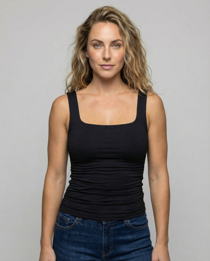 Yaraelle | Women's Casual Stretch Square Neck Tank Top Ribbed Jersey Ruched Side — 1