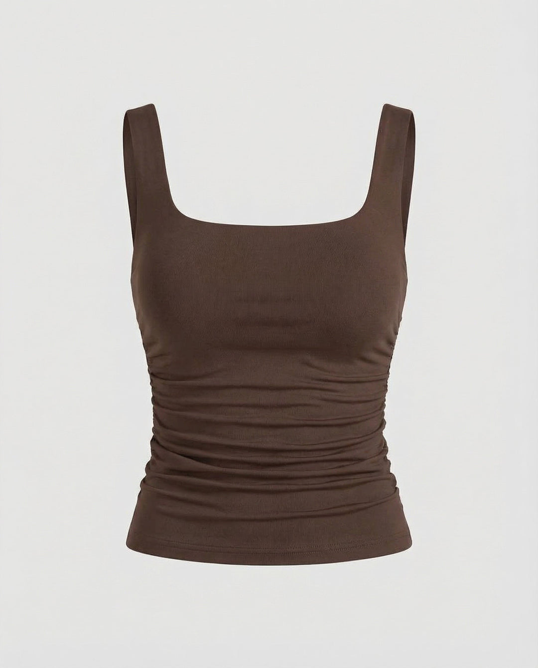 Yaraelle | Women's Casual Stretch Square Neck Tank Top Ribbed Jersey Ruched Side — Brown