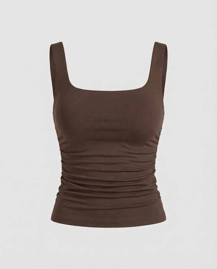 Yaraelle | Women's Casual Stretch Square Neck Tank Top Ribbed Jersey Ruched Side — Brown
