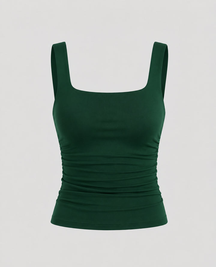 Yaraelle | Women's Casual Stretch Square Neck Tank Top Ribbed Jersey Ruched Side — Green
