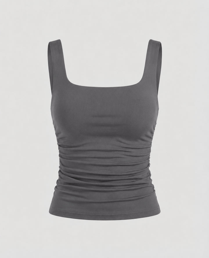 Yaraelle | Women's Casual Stretch Square Neck Tank Top Ribbed Jersey Ruched Side — Grey