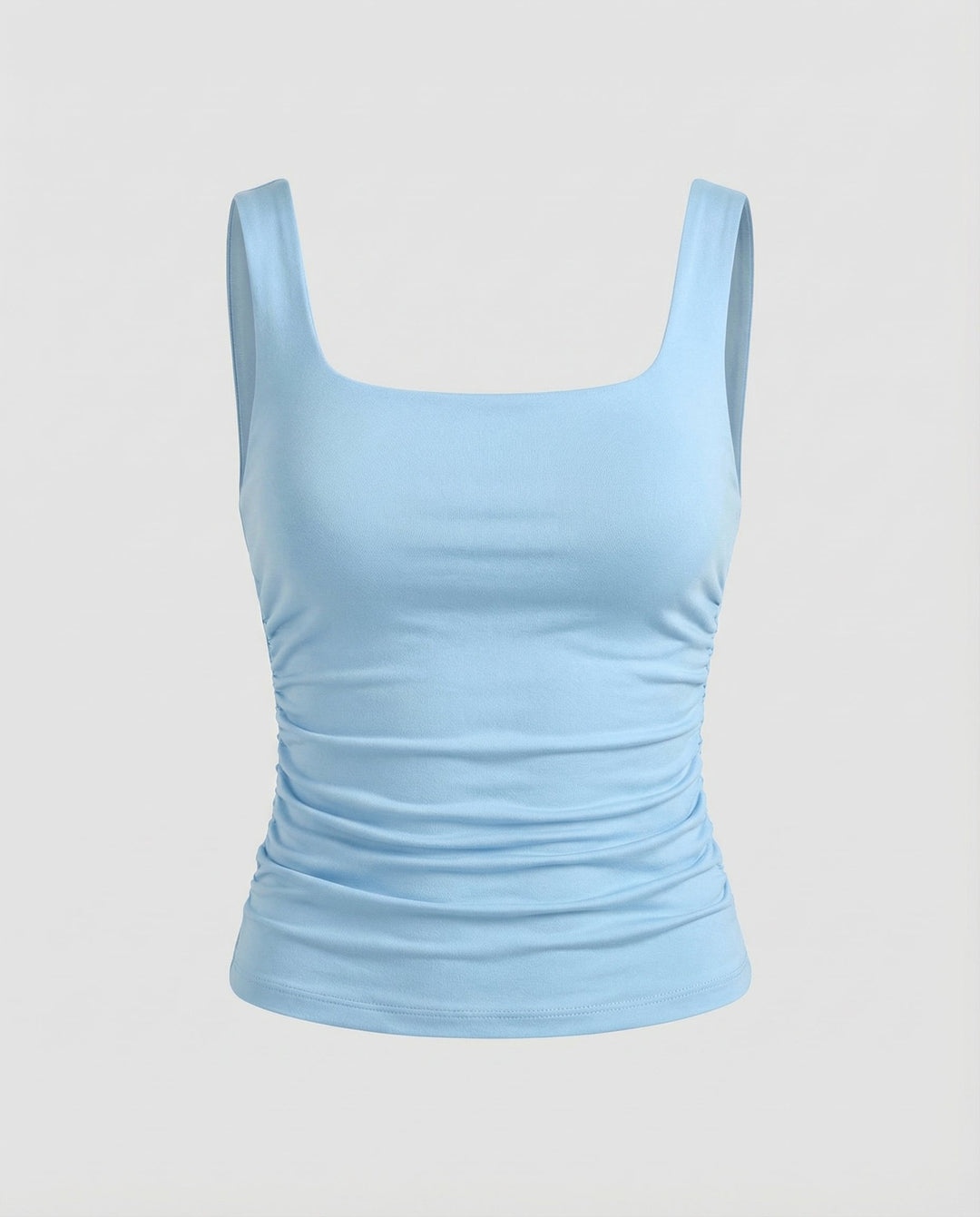 Yaraelle | Women's Casual Stretch Square Neck Tank Top Ribbed Jersey Ruched Side — Light Blue