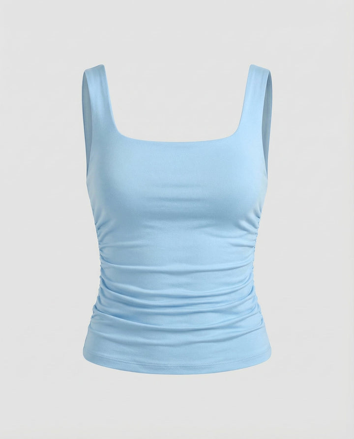 Yaraelle | Women's Casual Stretch Square Neck Tank Top Ribbed Jersey Ruched Side — Light Blue