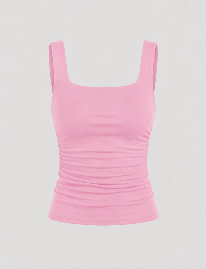 Yaraelle | Women's Casual Stretch Square Neck Tank Top Ribbed Jersey Ruched Side — Light Pink