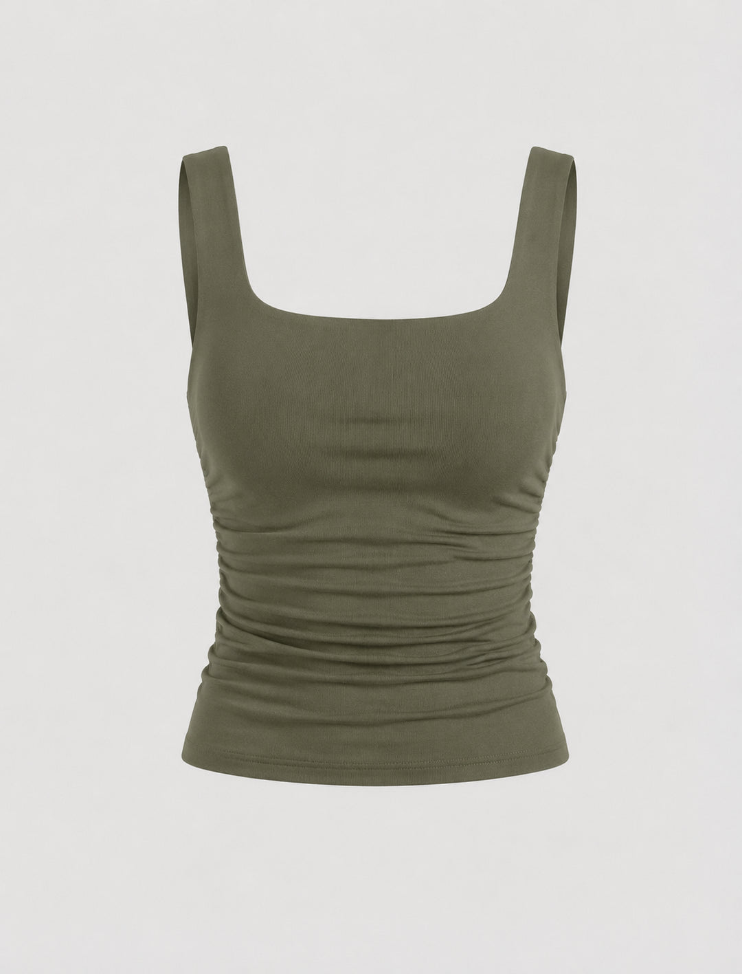 Yaraelle | Women's Casual Stretch Square Neck Tank Top Ribbed Jersey Ruched Side — Olive Green