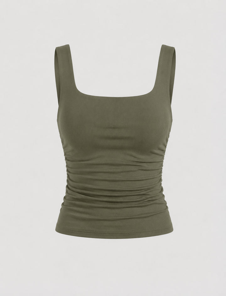 Yaraelle | Women's Casual Stretch Square Neck Tank Top Ribbed Jersey Ruched Side — Olive Green