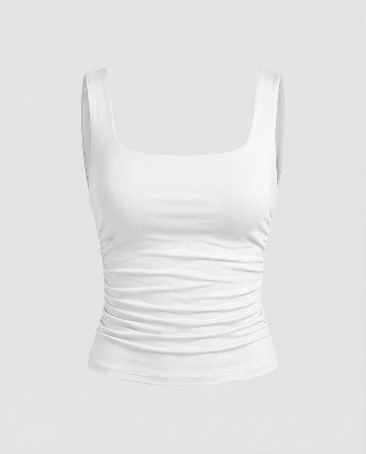 Yaraelle | Women's Casual Stretch Square Neck Tank Top Ribbed Jersey Ruched Side — White