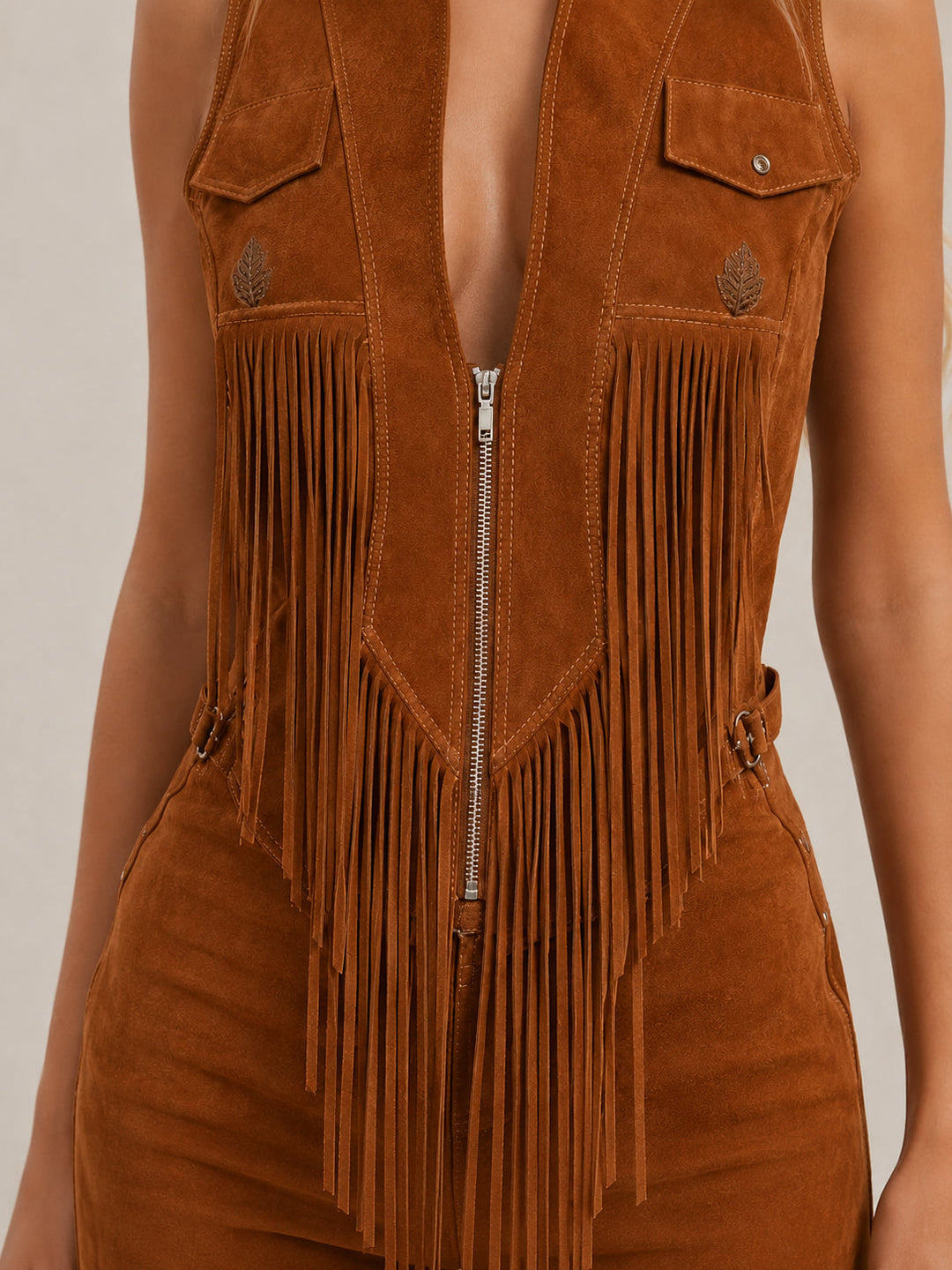 Yaraetta | Women's Wide-Leg Elegant Brown Suede Fringe Vest Jumpsuit With Zip Up Front — 2