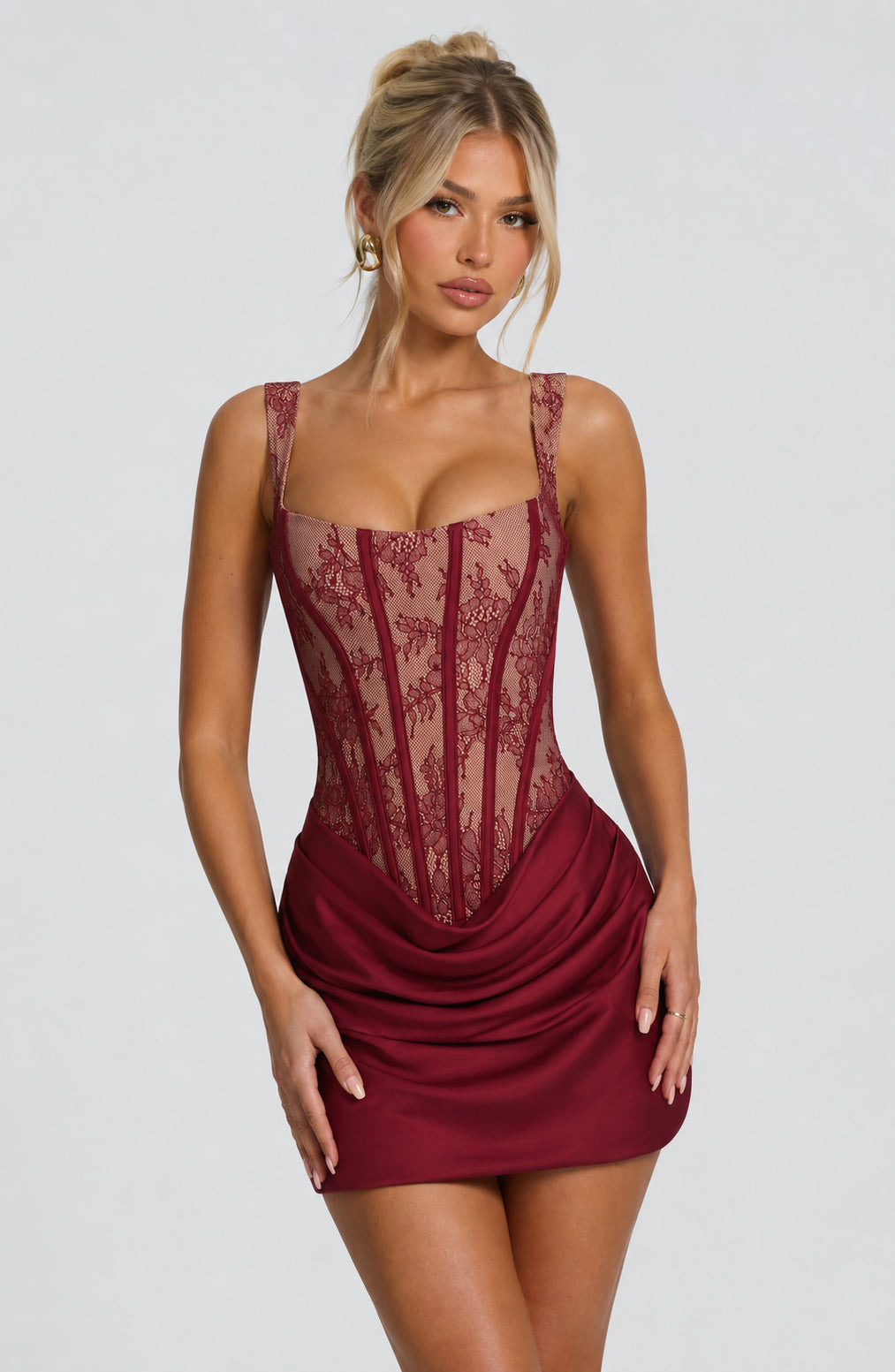 Ysoldeine | Women's Elegant Lace Corset Mini Dress with Draped Satin Skirt for Nights — Wine Red