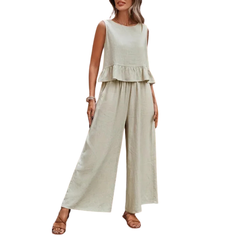 Ysoldelise | Ruffle Hem Tank & Wide Leg Pants Two-Piece Set